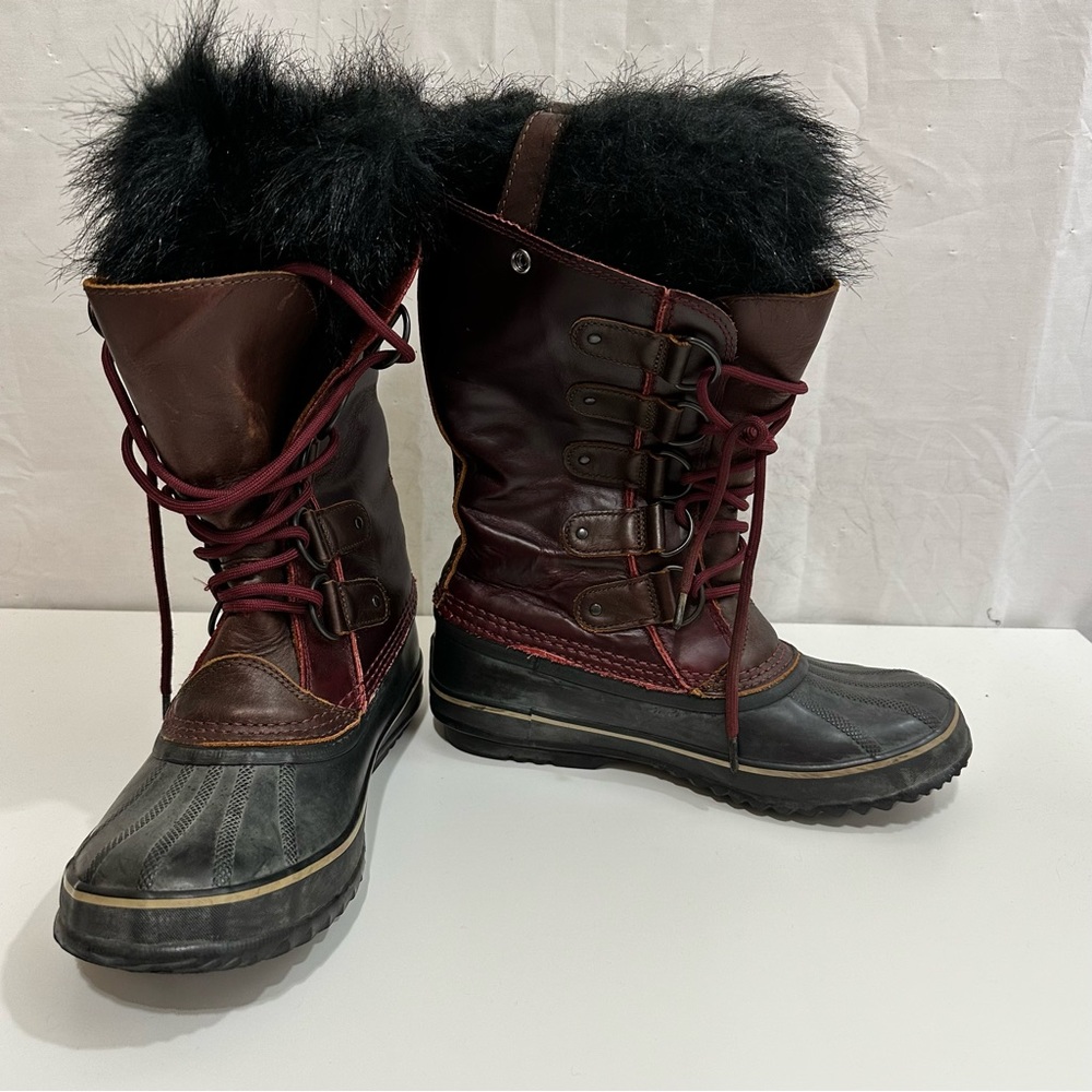 Sorel Womens Joan of Arctic Waterproof Leather Boot Deep Wine/Black Faux Fur 9